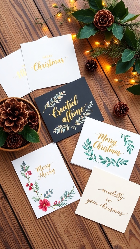 Elegant Christmas cards with gold foil and watercolor designs on a rustic table with holiday decorations.
